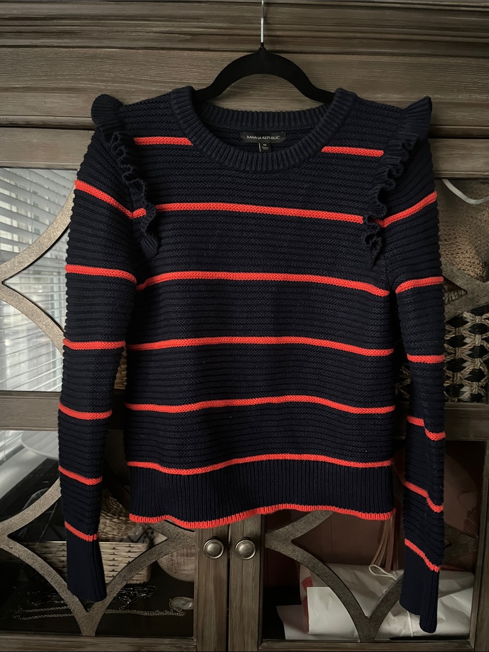 Banana Republic Navy Sweater with Coral Stripe & Ruffle Shoulders; fits S